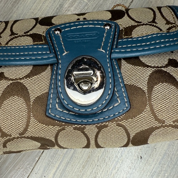 Coach Legacy Turn Lock Monogram Wristlet in Tan and Blue